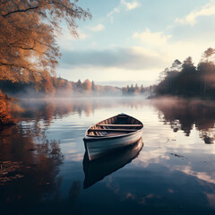 Wall Mural - A serene lake with a rowboat drifting on the water 