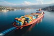 Aerial top view of colorful cargo ship with containers sailing in the vast ocean