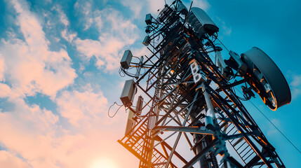 5G global network technology communication antenna tower for wireless high speed internet. Transmission mast for mobile internet.