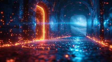 Aufkleber - An abstract digital open door in the future. A low poly futuristic door in tech blue. An opportunity concept on a dark background in wireframe polygonal modern format.