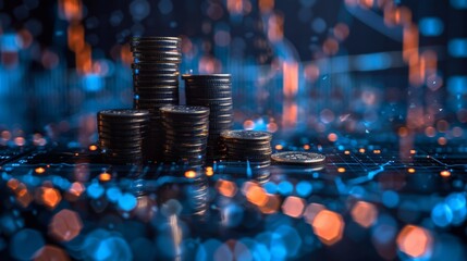 Poster - Investing and stock market concept. Digital coin dollar stack with growth arrows on computer screen. Abstract futuristic low poly wireframe style. Monochrome light blue modern illustration.