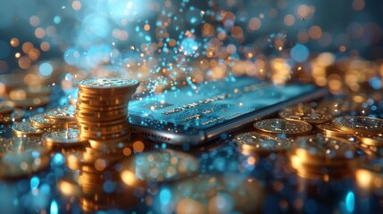Poster - Modern phone, credit card, and falling coins on a mobile screen. Saving money and cashback concept. Light blue polygonal modern illustration.