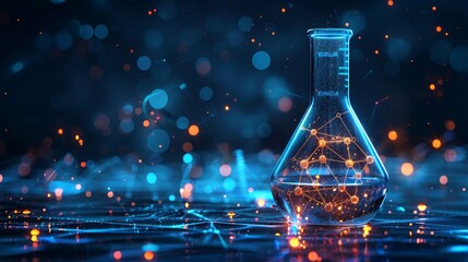 Fototapete - Innovating science concept. Abstract test tube and atom design in low poly futuristic style. Glowing polygonal 3D modern illustration.