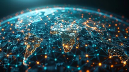 Poster - A graph chart in digital form on a light blue technology globe background. Economic or financial concept. Abstract low poly modern image.