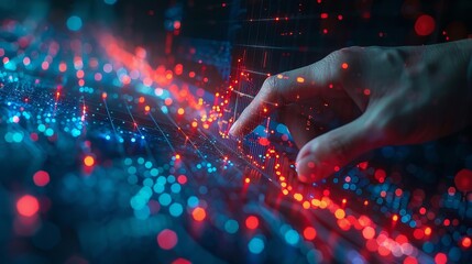 Aufkleber - Finance, stock market, and growth graph chart with arrow. Abstract finger touching chart bar. Hologram histogram in technology light blue style. Low poly wireframe modern illustration.