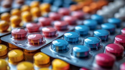 Wall Mural - colorful pills pile, medicine tables in blisters, closeup view 