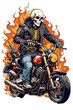 graphics of a skeleton riding a motorcycle against the background of a fire