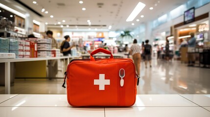 Panoramic scene featuring a first aid kit in a retail store or shopping center.