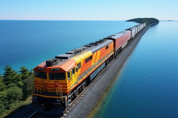 multicolored  Cargo train carries huge containers, railway along the sea coast, top aerial view