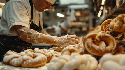 A skilled baker works in a bakery surrounded by fresh pretzel dough, carefully shaping each piece with attention and care