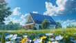 The sky is blue, The scene is clean and bright large house with solar panels on it,