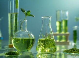 Science technology research of green alga biofuel in laboratory, biotechnology industry with alternative natural experiment, biodiesel oil fuel energy from plant to sustainable environment
