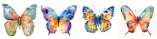 Set Of Four Vibrant Watercolor Butterfly Illustrations On White Background, Suitable For Spring-themed Design Elements Or Ecological Concepts, With Ample Space For Text