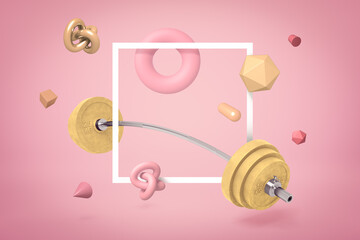 3d rendering of metal training bar-bell with random objects on pink background