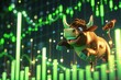 Exuberant cartoon bull with rising stock market graph, symbolizing economic growth and investor confidence