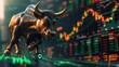 Bronze bull sculpture on stock market chart, symbolizing financial power and market optimism, concept of aggressive trading strategy and bullish stock market trend