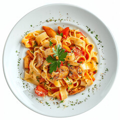 Sticker - Appetizing fettuccine pasta with mushrooms, cherry tomatoes, and fresh parsley garnish on a white plate, isolated on a white background with copy space  ideal for Italian cuisine concepts