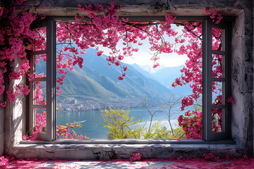 Wall Mural - window with cherry blossom tree