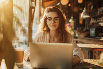 Sticker - Beautiful woman wearing glassed, sitting at the cafe with a laptop, big cup of coffee beside her