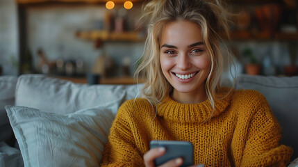 Wall Mural - Happy Relaxed Young Woman Sitting on Couch Using Cellphone