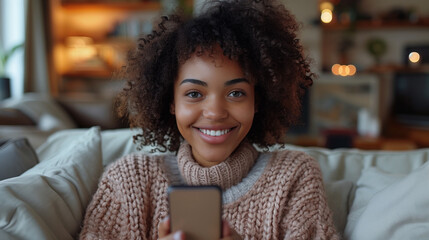 Wall Mural - Happy Relaxed Young Woman Sitting on Couch Using Cellphone