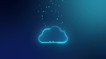 Digital cloud storage 0 and 1 binary data backup. Transferring backup for secure protection. Cloud icon filling with computer network data. Futuristic high tech 4k animation video.