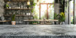 A gray concrete table on  blur bokeh modern kitchen interior background in clean and bright,Banner, Ready for product montage