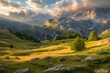 Golden Hour Brilliance: Cloud-Kissed Peaks of the Dolomites with Verdant Hills and Trees in South Italy
