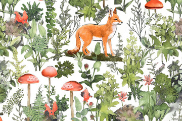 Wall Mural - floral pattern plants illustration watercolor animals Stock forest vector Beautiful seamless