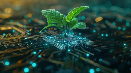 Futuristic tech plant growing from circuit board representing innovation and progress
