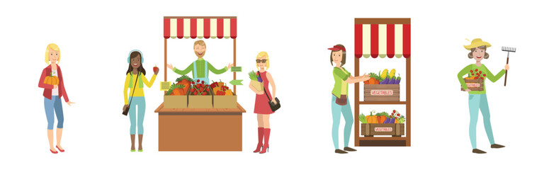 Sticker - Man and Woman Farmer Character Sell Local Food Vector Set