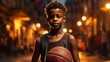 African Child Boy Playing Basketball on the Co

