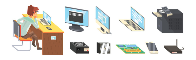 Man System Administrator and Computer Hardware Vector Set