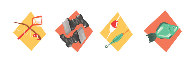 Wall Mural - Fishing Object and Equipment Flat Colorful Icon Vector Set