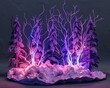 Bold pop art rendition of a forest scene with striking purple lightning in 3D form