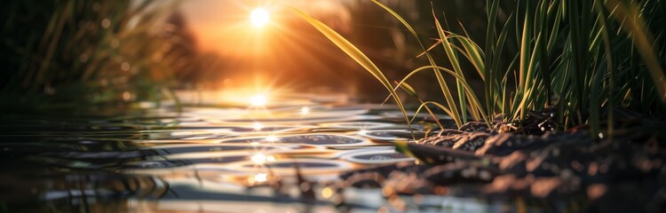 Sticker - sunrise at the lake with tall grass and reflection on the wavy water