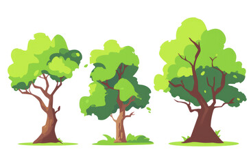 isolated cute three oak trees, minimalistic bright colors icons, vector flat illustrations without gradients on transparent background