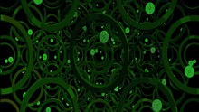 Green Abstract Background. Chrome Circles System With The Green Balls. Abstract Techno Mechanic Looping Background With Circles. Techno Videoeffects