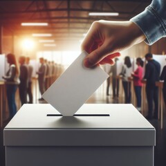 Wall Mural - A hand puts a piece of paper into a ballot box with peoples in the background. Elections concept.Citizens vote symbolizing unity, democracy