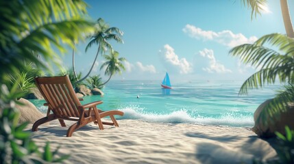 Wall Mural - Wooden empty chaise longue on the sandy shore of the blue sea, the concept of summer, relaxation and vacation