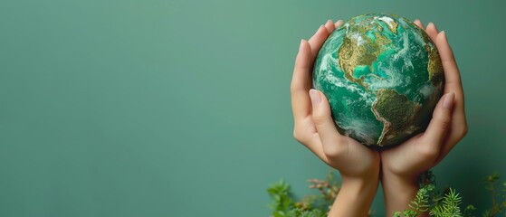 Earth Day / environment protection eco care ecology future recycling, responsibility save concept - Woman hands holding a world globe, isolated on green background