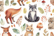 fox drawn hedgehog forest seamless deer cute owl Stock Beautiful hand watercolor illustration animals pattern bear wild