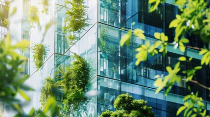 Wall Mural - Architecture a modern glass building with a lot of green plants trees and bushes for business architecture environmental friendly, design, exterior, sky, garden