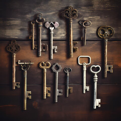 Sticker - A collection of antique keys on a rustic surface. 