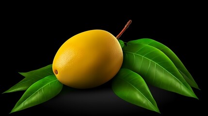 Wall Mural - Mango fruit with green leaves on a black background. Vector illustration.