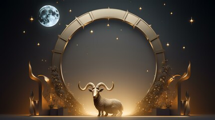 Wall Mural - 3d rendering of a ram in front of a golden arch on a dark background