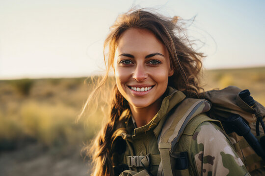 ai generated photo portrait of confident smiling ukrainian girl armed and equipped in the battle fie