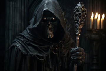 Wall Mural - Digital generative ai collage image of dark humanoid creature in black cloak doing death spell summon