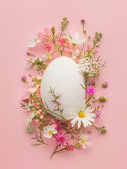 Wall Mural - Easter egg with flowers and leaves. Minimal spring concept. Nature background idea.