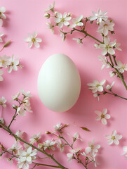 Wall Mural - Cherry blossom Sakura with Easter egg on pink background. Minimal Easter holiday concept.